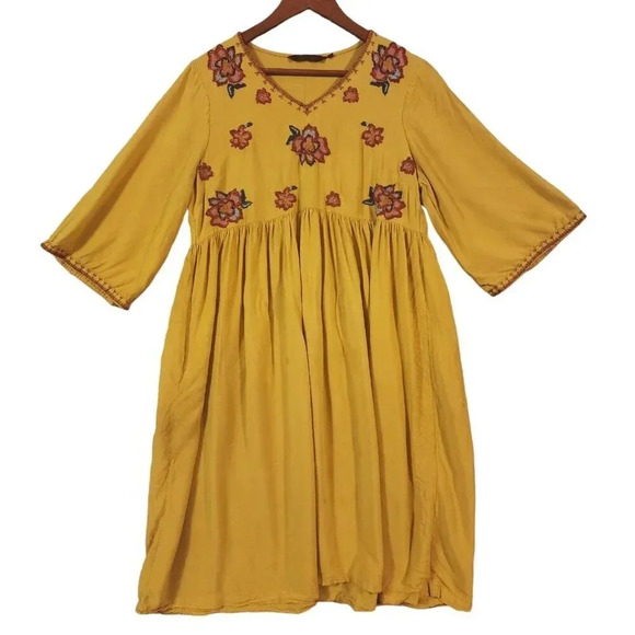 Sangria Dress Women's Large Yellow Embroidered V-Neck Long Sleeve - Picture 3 of 9